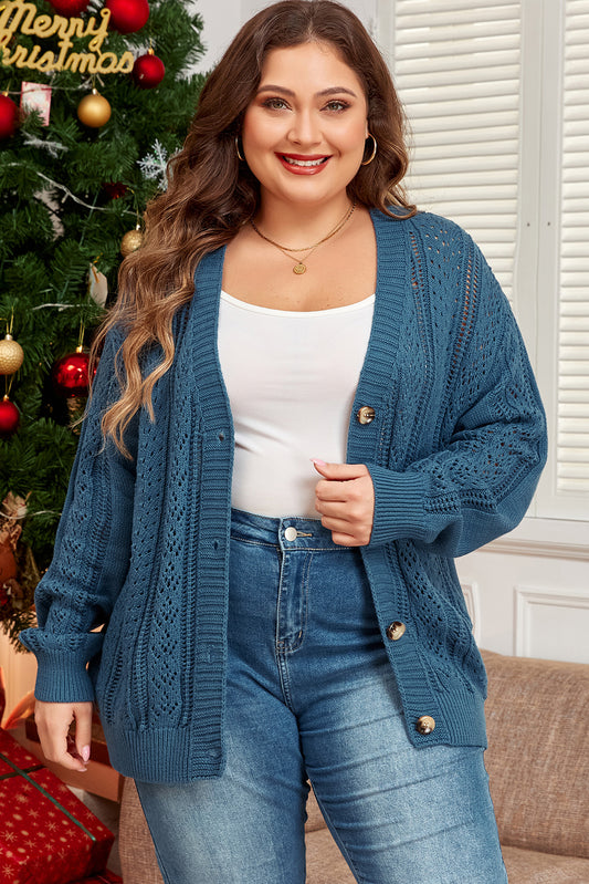 Cardigan en tricot ouvert avec col en V et boutons sur le devant épaules tombantes bleu sarcelle