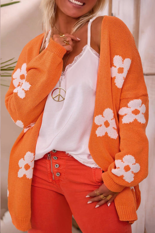 Cardigan à Epaules Tombantes à Motif de Fleurs Orange