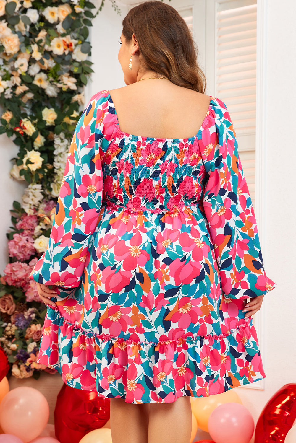 Robe Smockée à Col Carré et Imprimé Fleur Rose